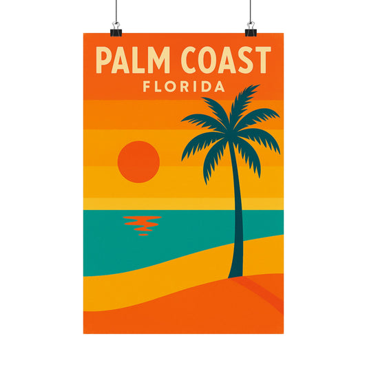 Palm Coast Beach Poster – Retro Travel Print, Tropical Palm Tree & Sunset Wall Art, Coastal Landscape Décor (Various Sizes)