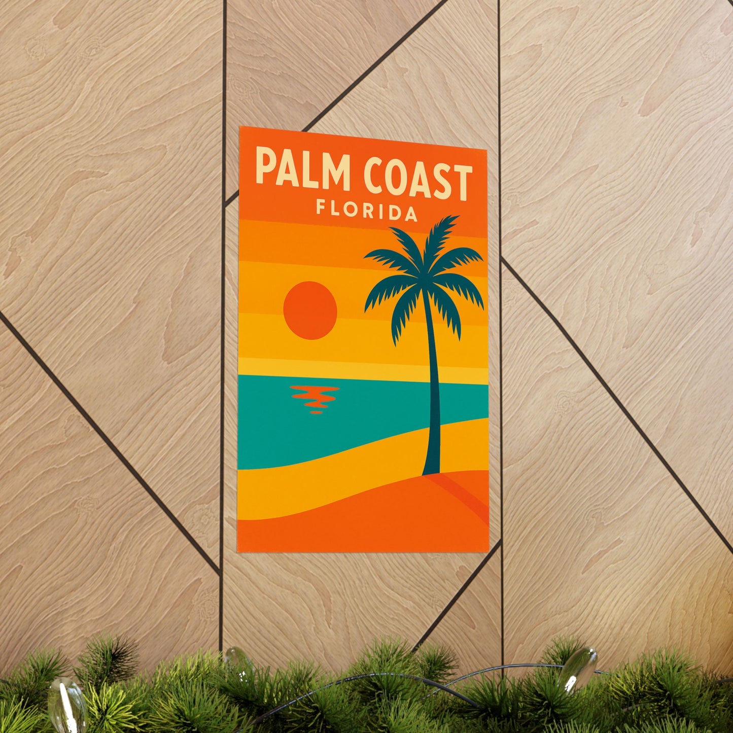 Palm Coast Beach Poster – Retro Travel Print, Tropical Palm Tree & Sunset Wall Art, Coastal Landscape Décor (Various Sizes)
