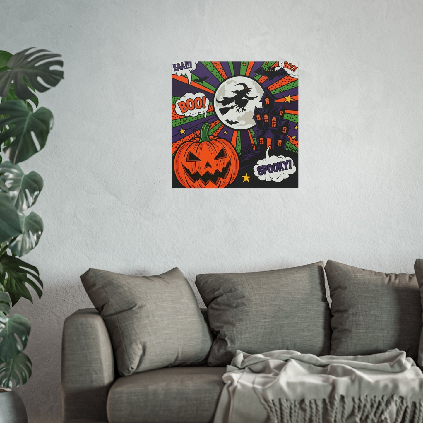 Halloween Pop Art Poster – Witch, Haunted House & Pumpkin Wall Décor with Retro Comic Style