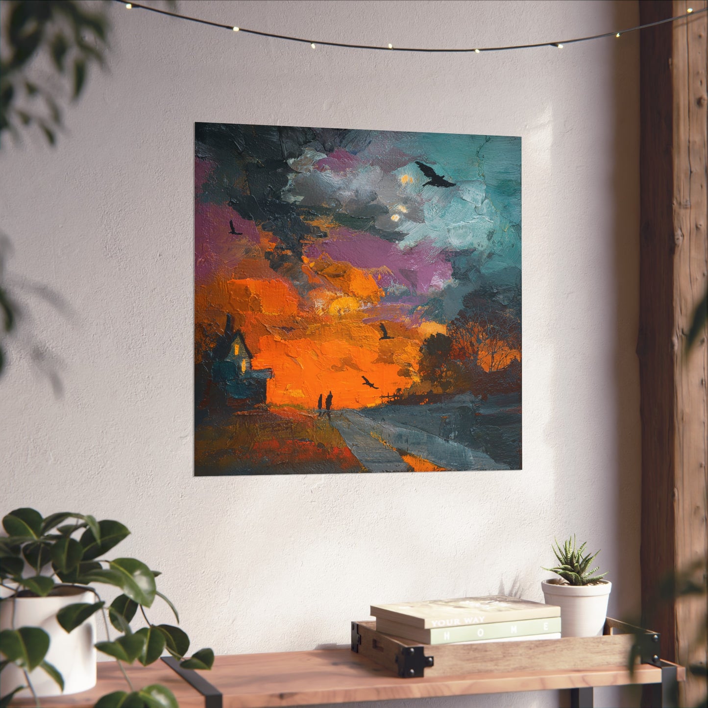 Halloween Haunted House Abstract Fine Art Print – Spooky Crow Sunset Painting, Autumn Wall Decor Poster, Gothic Fall Artwork