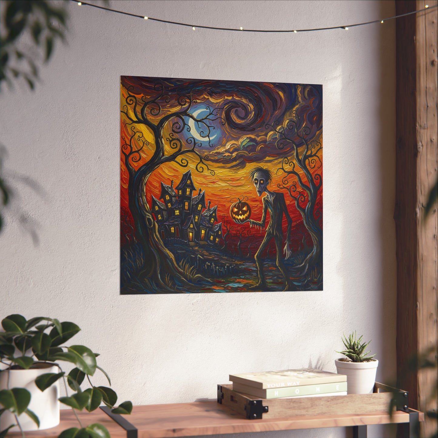 Halloween Haunted House Abstract Expressionist Fine Art Print – Spooky Pumpkin Head Character Wall Art Poster, Gothic Autumn Decor
