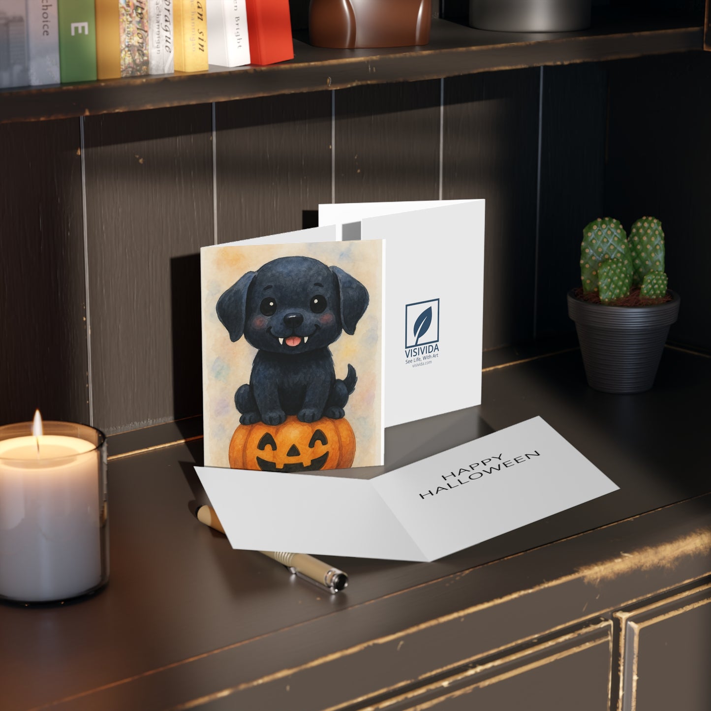 Halloween Black Labrador Puppy Greeting Card – Cute Puppy Monster on Pumpkin – Spooky Cute Monster Card for Dog Lovers
