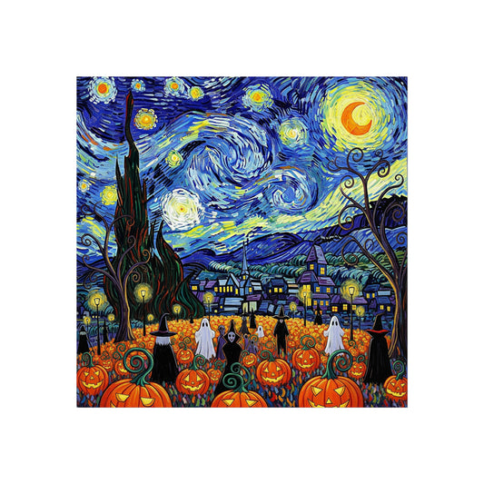 Halloween Starry Night Fine Art Print – Post-Impressionist Pumpkin Patch & Ghosts Wall Art Poster, Haunted Autumn Village Decor
