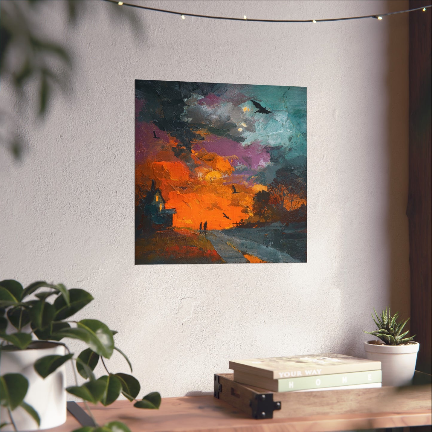 Halloween Haunted House Abstract Fine Art Print – Spooky Crow Sunset Painting, Autumn Wall Decor Poster, Gothic Fall Artwork
