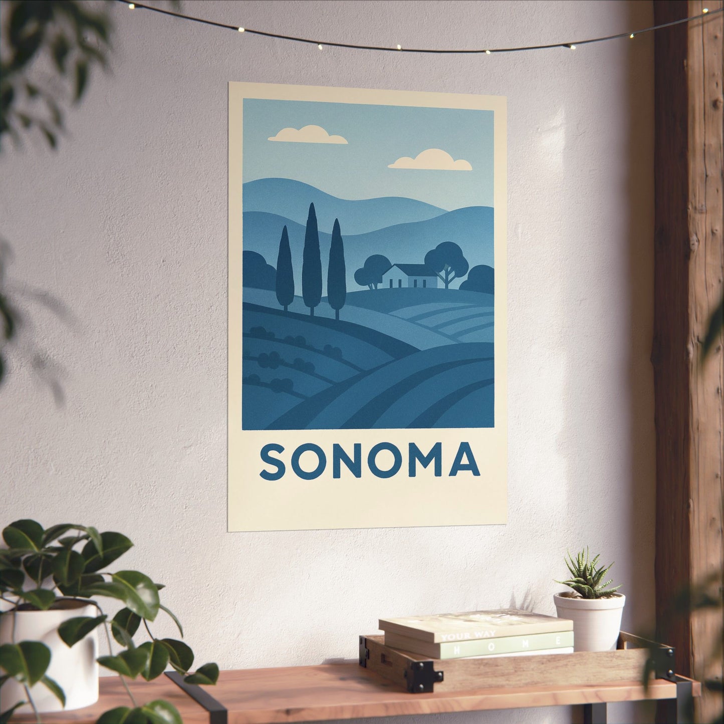 Sonoma Poster – Blue Tones - Retro Wine Country Wall Art, California Vineyard Landscape Print, Minimalist Travel Decor