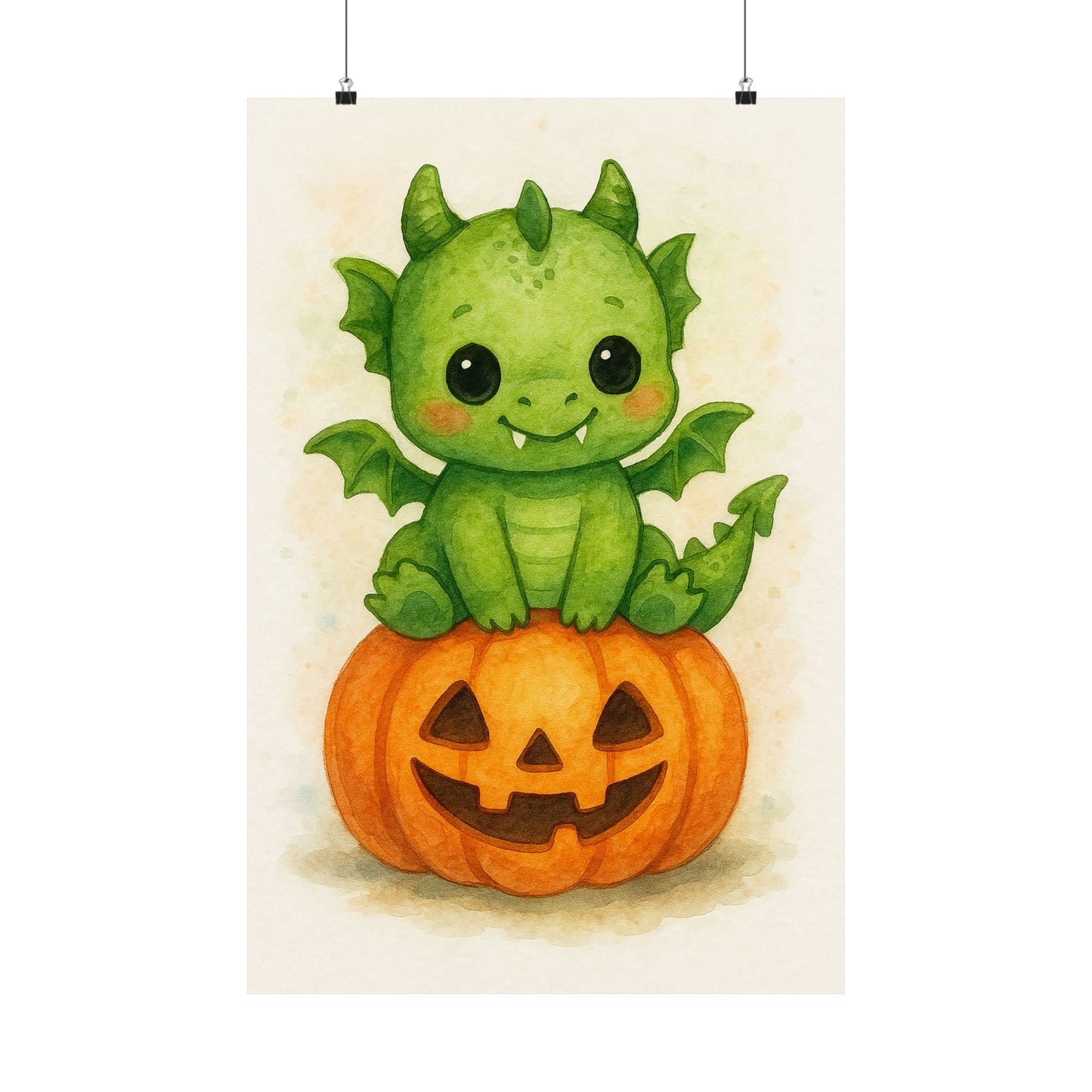 Cute Baby Dragon Monster Halloween Wall Art Poster – Watercolor Monster Print on Pumpkin – Whimsical Nursery & Holiday Decor