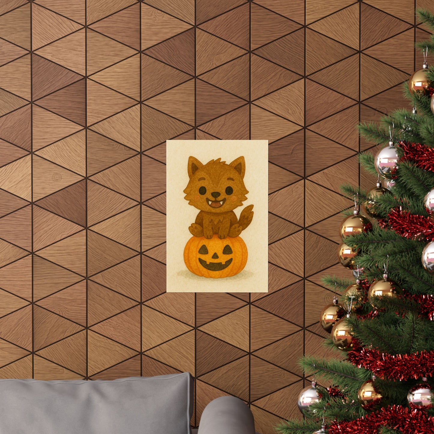 Cute Baby Werewolf Halloween Wall Art Poster – Watercolor Monster Print on Pumpkin – Whimsical Nursery & Holiday Decor