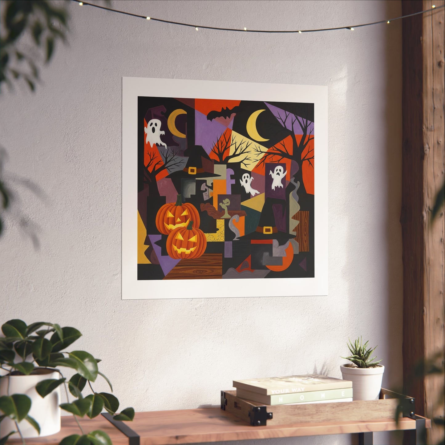Halloween Cubist Abstract Fine Art Print – Pumpkins, Ghosts & Haunted Night Wall Art Poster, Modern Spooky Autumn Decor