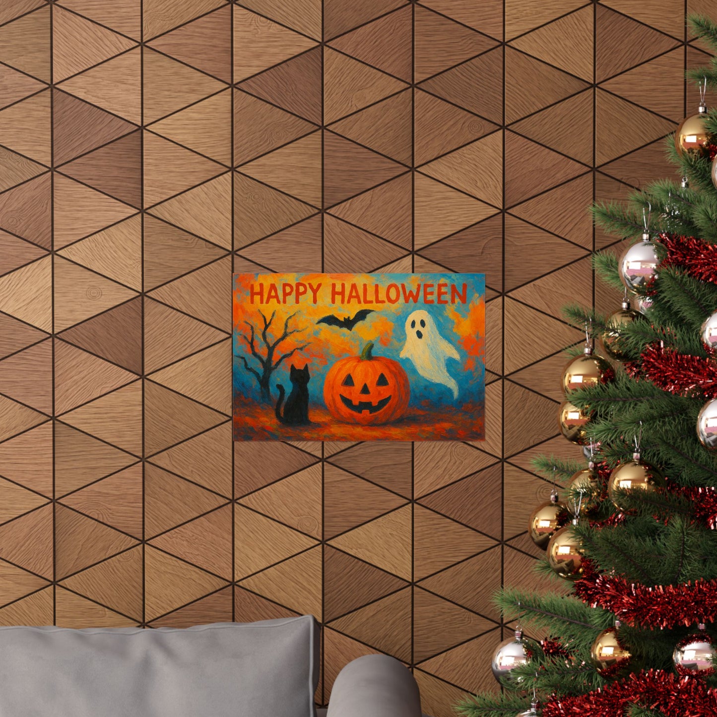 Happy Halloween Pumpkin, Bat, Ghost, & Black Cat Poster – Spooky Wall Art, Halloween Wall Art, Autumn Home Decor