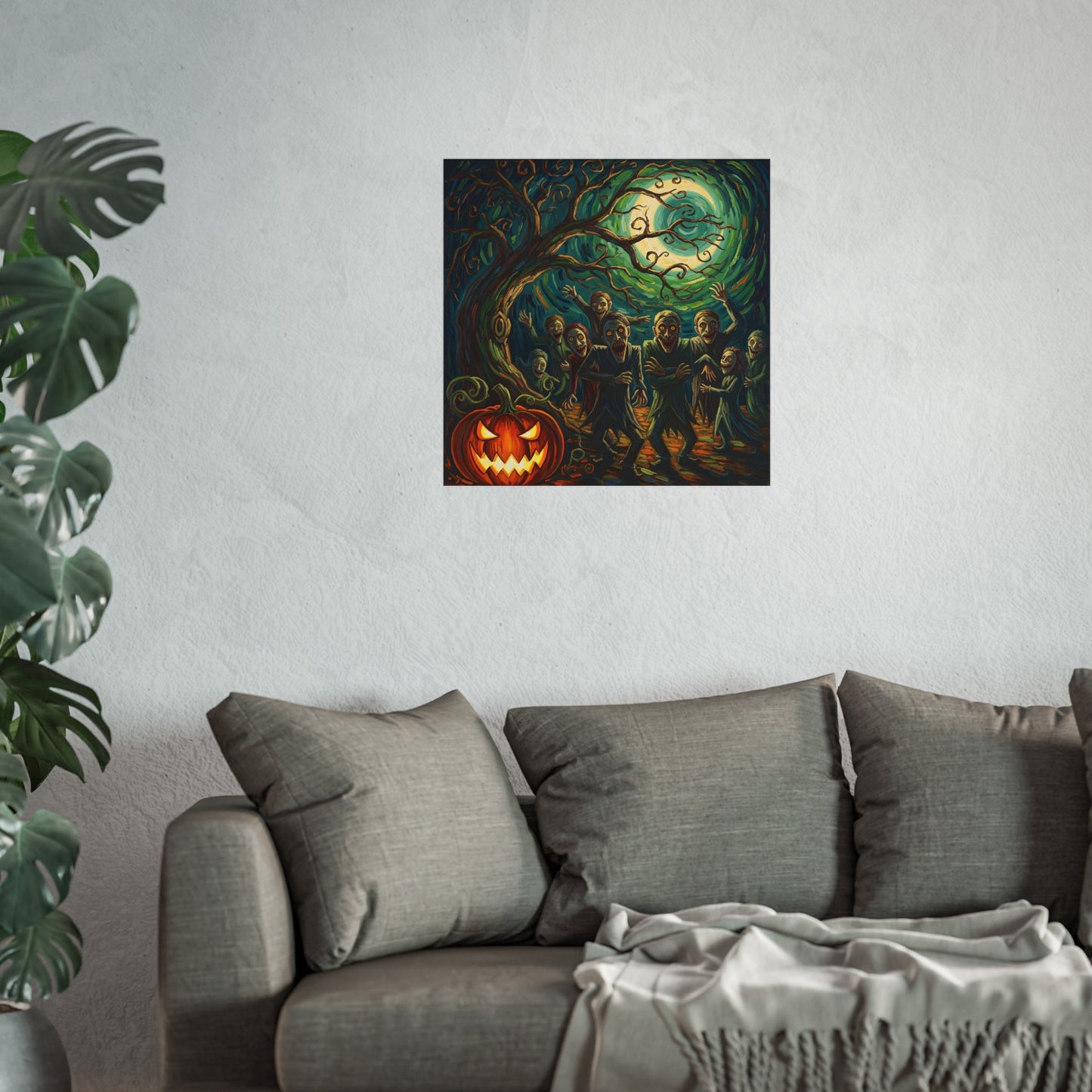 Halloween Zombies Expressionist Fine Art Print – Creepy Pumpkin & Full Moon Wall Art Poster, Spooky Gothic Autumn Decor