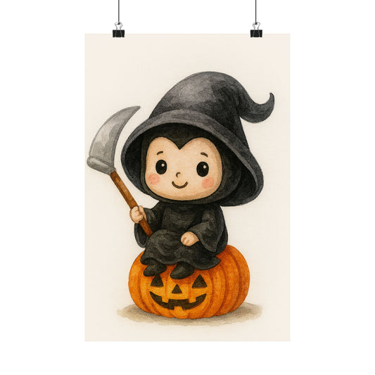 Cute Baby Grim Reaper Halloween Wall Art Poster – Watercolor Monster Print on Pumpkin – Whimsical Nursery & Holiday Decor