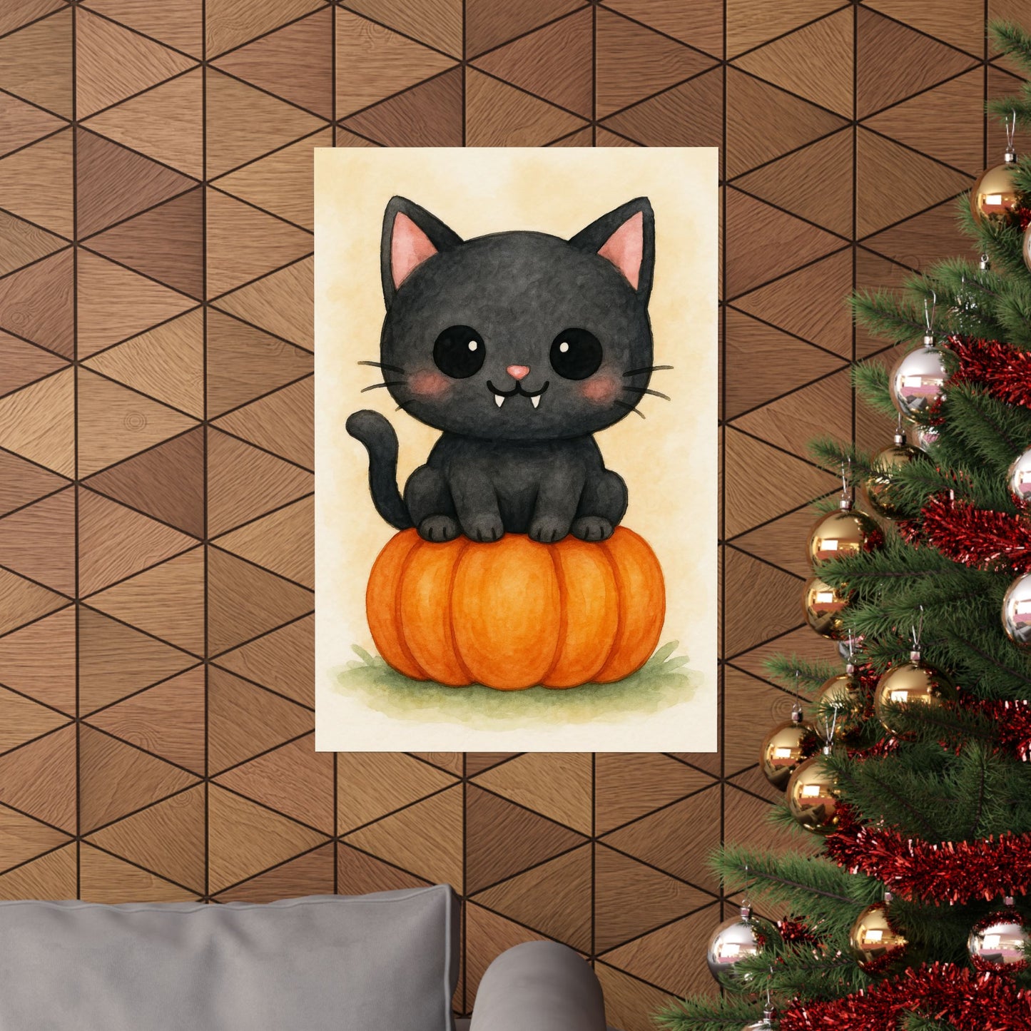 Cute Baby Black Cat Monster Halloween Wall Art Poster – Watercolor Monster Print on Pumpkin – Whimsical Nursery & Holiday Decor