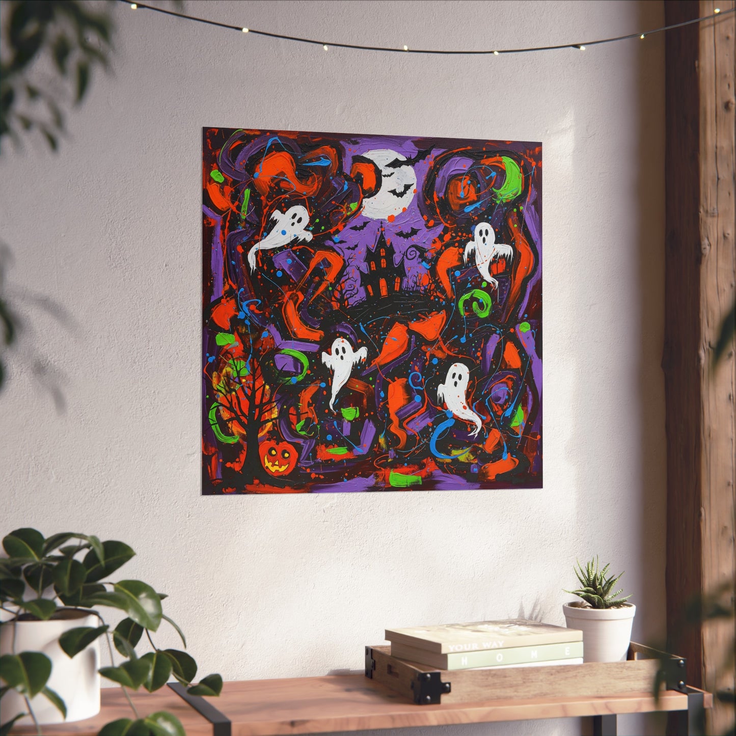 Halloween Ghost Abstract Expressionist Fine Art Print β Haunted House Wall Art Poster, Spooky Colorful Autumn Home Decor