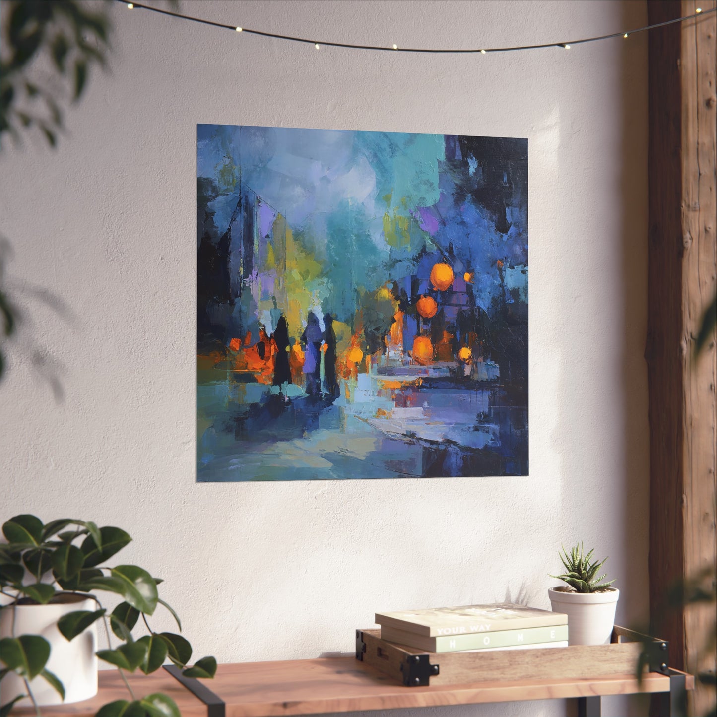 Halloween Abstract Street Scene Fine Art Print – Colorful Nighttime Pumpkin Lantern Wall Art, Spooky Autumn Decor Poster