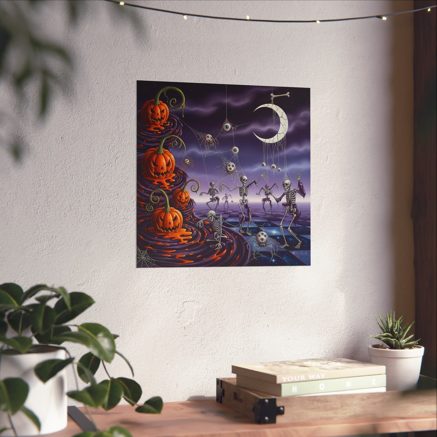 Surreal Halloween Fine Art Print – Dancing Skeletons, Melting Pumpkins & Gothic Moon Wall Art Poster, Spooky Surrealism Decor