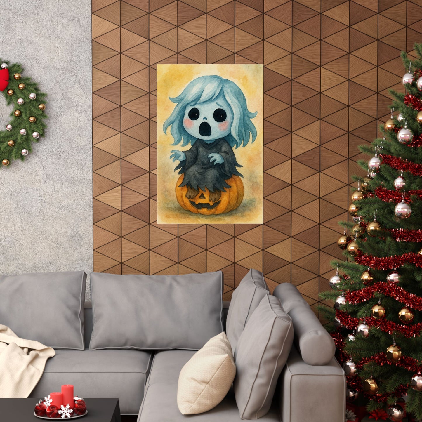 Cute Baby Banshee Monster Halloween Wall Art Poster – Watercolor Baby Monster on Pumpkin – Whimsical Holiday Decor