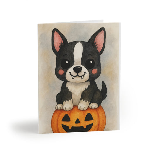 Halloween Boston Terrier Puppy Greeting Card – Cute Puppy Monster on Pumpkin – Spooky Cute Monster Card for Dog Lovers