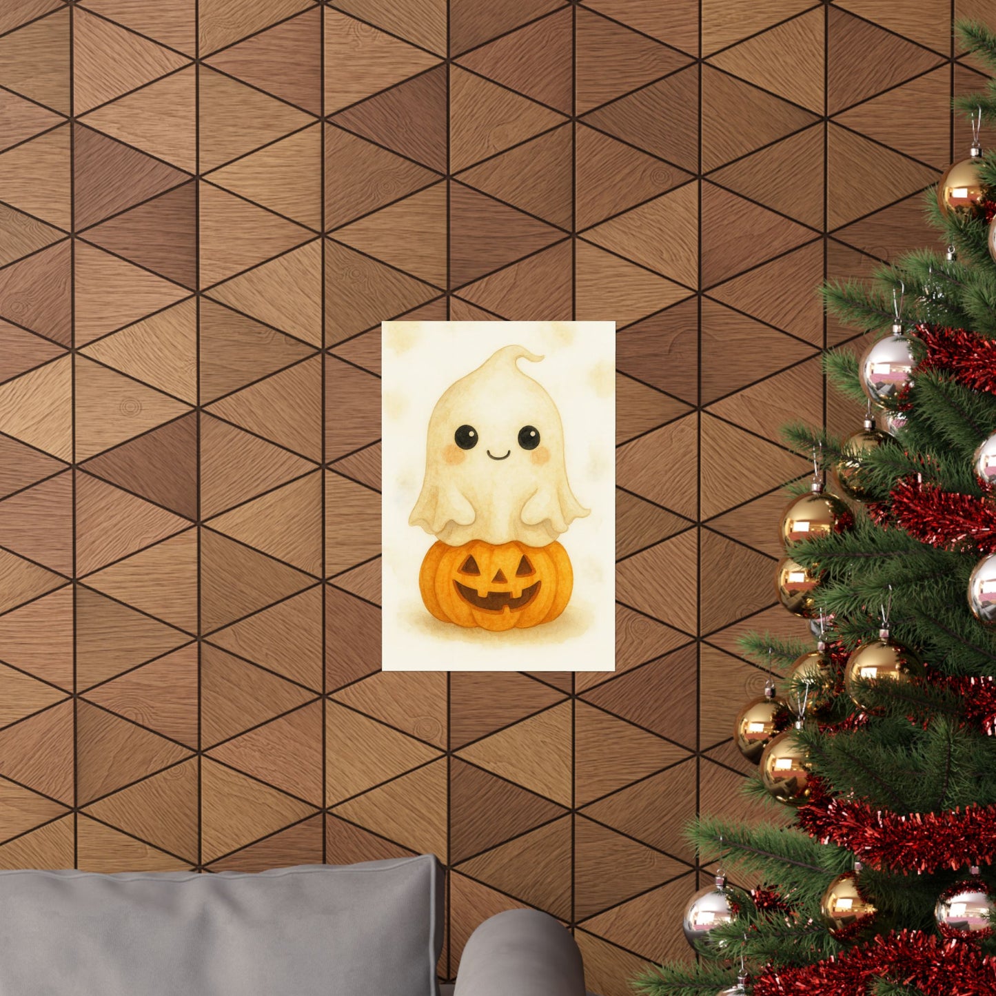 Cute Baby Ghost Monster Halloween Wall Art Poster – Watercolor Monster Print on Pumpkin – Whimsical Nursery & Holiday Decor