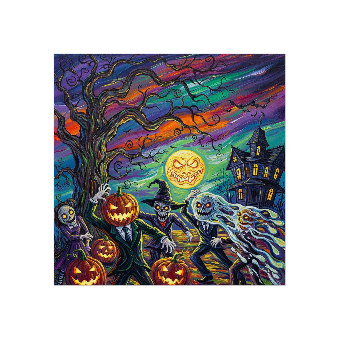 Halloween Pumpkin Head Monsters Fine Art Print – Haunted House Expressionist Wall Art Poster, Spooky Gothic Autumn Decor