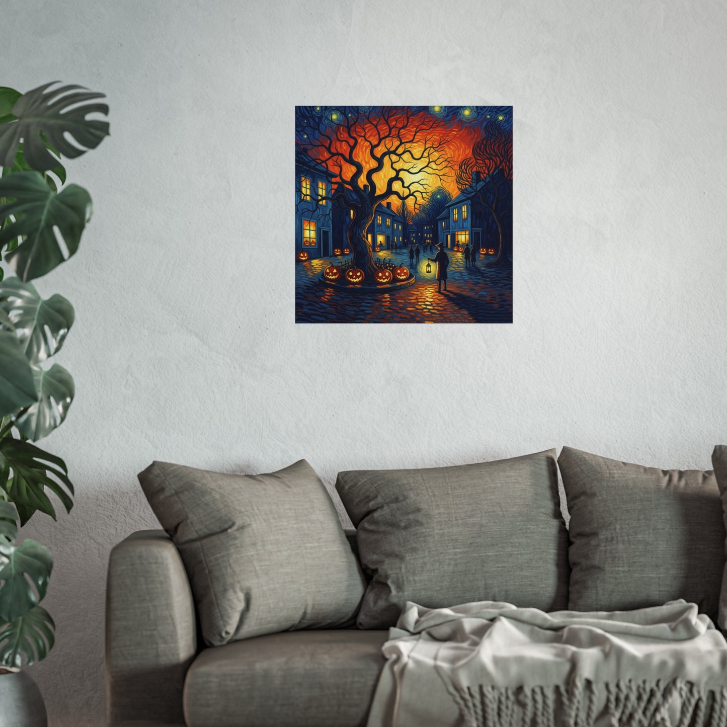 Halloween Town Square Fine Art Print – Post-Impressionist Pumpkin Lanterns & Glowing Night Sky Wall Art Poster