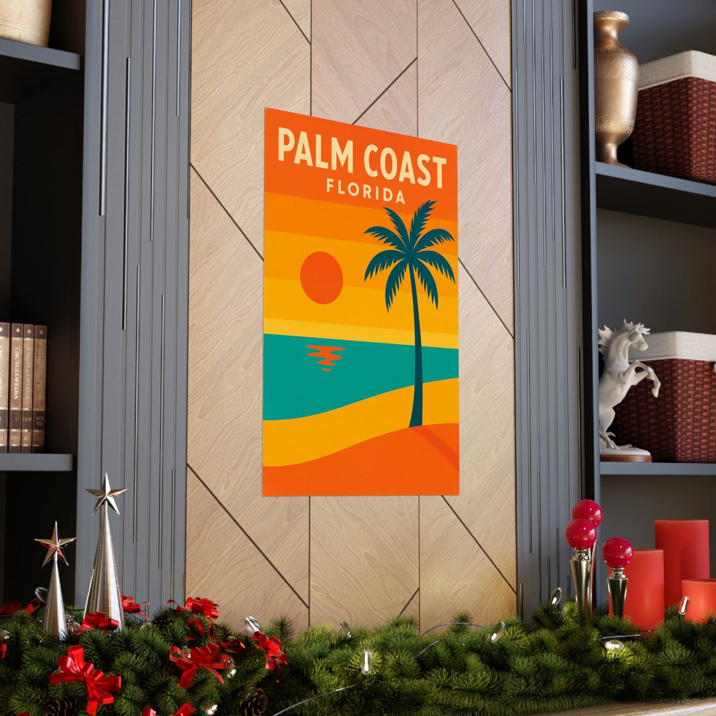 Palm Coast Beach Poster – Retro Travel Print, Tropical Palm Tree & Sunset Wall Art, Coastal Landscape Décor (Various Sizes)