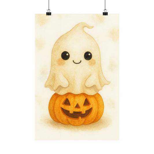 Cute Baby Ghost Monster Halloween Wall Art Poster – Watercolor Monster Print on Pumpkin – Whimsical Nursery & Holiday Decor