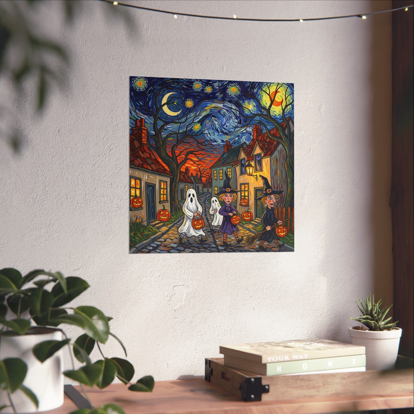 Halloween Trick-or-Treat Fine Art Print – Post-Impressionist Witches, Ghosts & Pumpkins Wall Art Poster