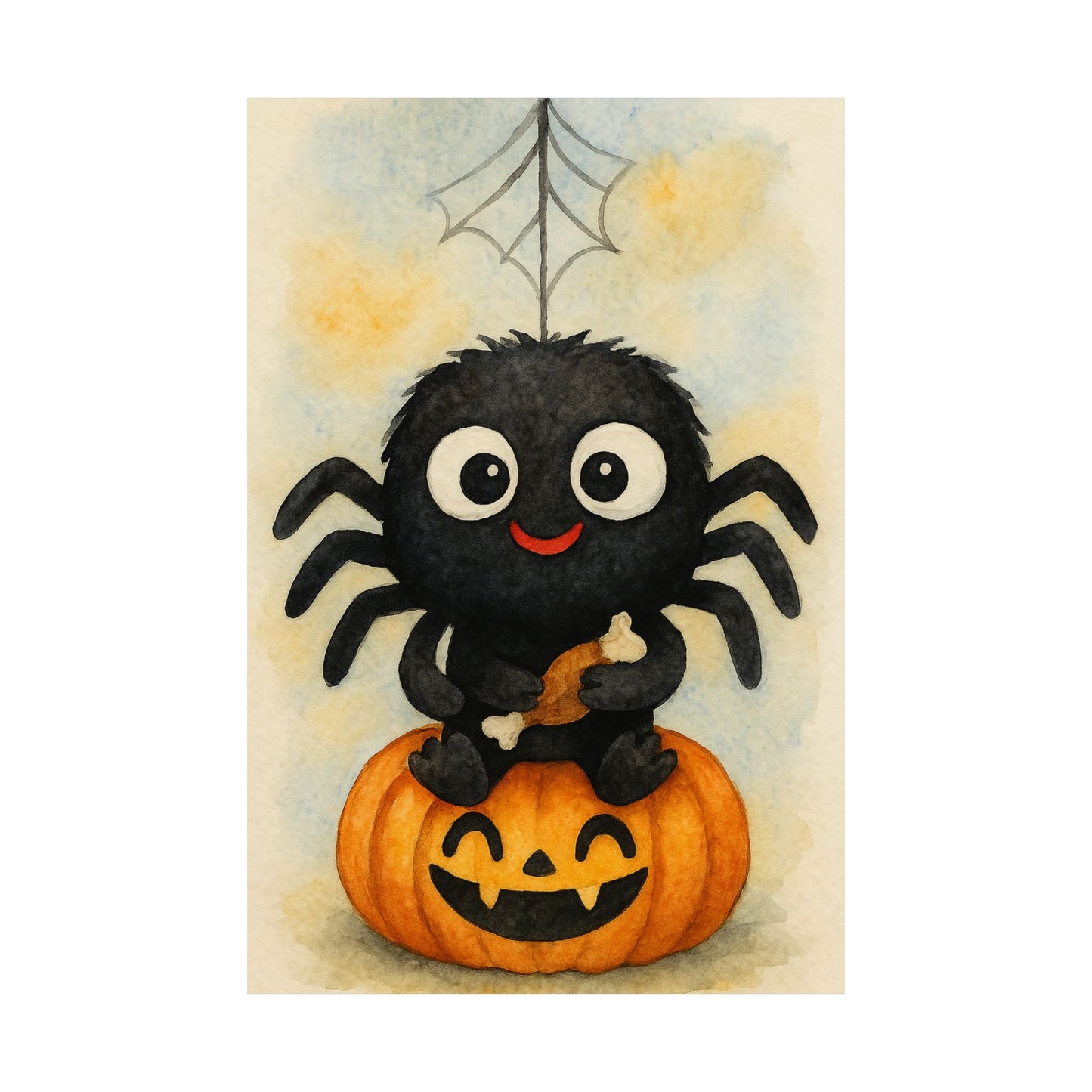 Cute Baby Black Spider Halloween Wall Art Poster – Watercolor Monster Print on Pumpkin – Whimsical Nursery & Holiday Decor