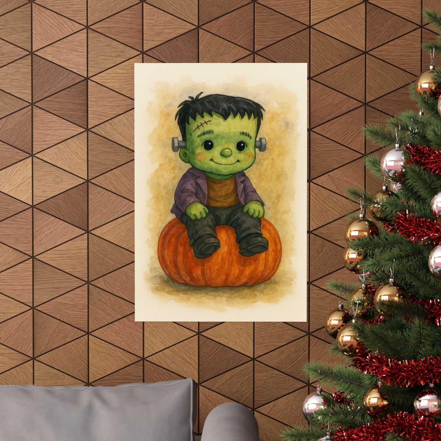 Cute Baby Frankenstein Monster Halloween Wall Art Poster – Watercolor Monster Print on Pumpkin – Whimsical Nursery & Holiday Decor