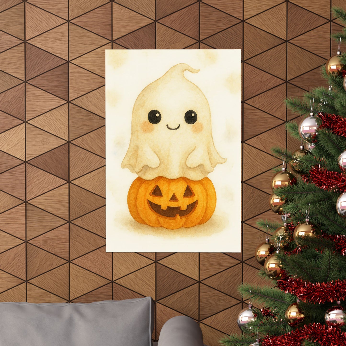 Cute Baby Ghost Monster Halloween Wall Art Poster – Watercolor Monster Print on Pumpkin – Whimsical Nursery & Holiday Decor
