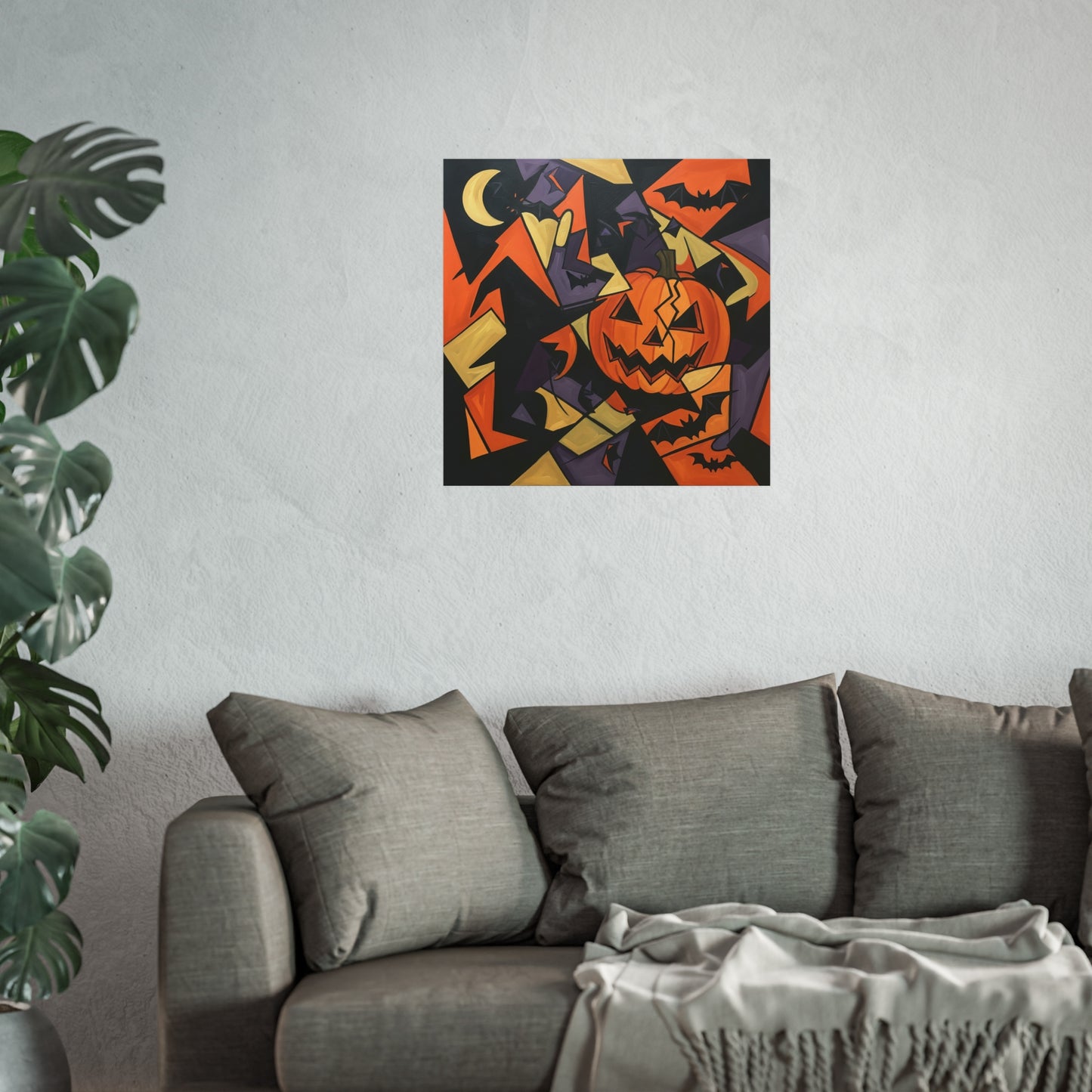 Halloween Cubist Abstract Fine Art Print β Geometric Pumpkin & Bat Wall Art Poster, Modern Spooky Autumn Decor
