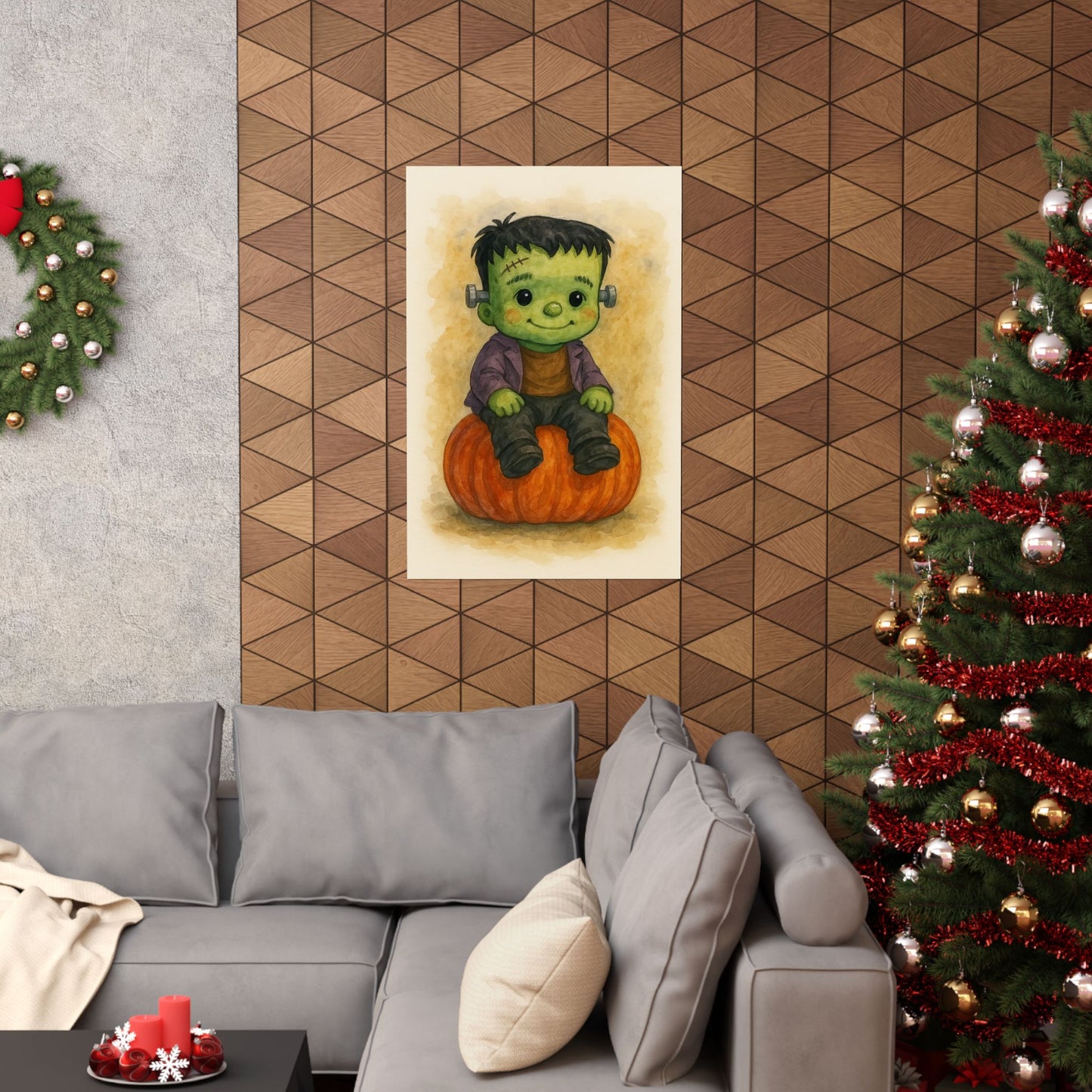 Cute Baby Frankenstein Monster Halloween Wall Art Poster – Watercolor Monster Print on Pumpkin – Whimsical Nursery & Holiday Decor