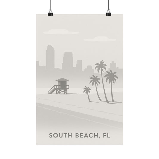 South Beach Miami Poster – Grey Tones - Retro Vintage Travel Wall Art, Beach Print, Coastal Decor, Ocean Sunset Artwork