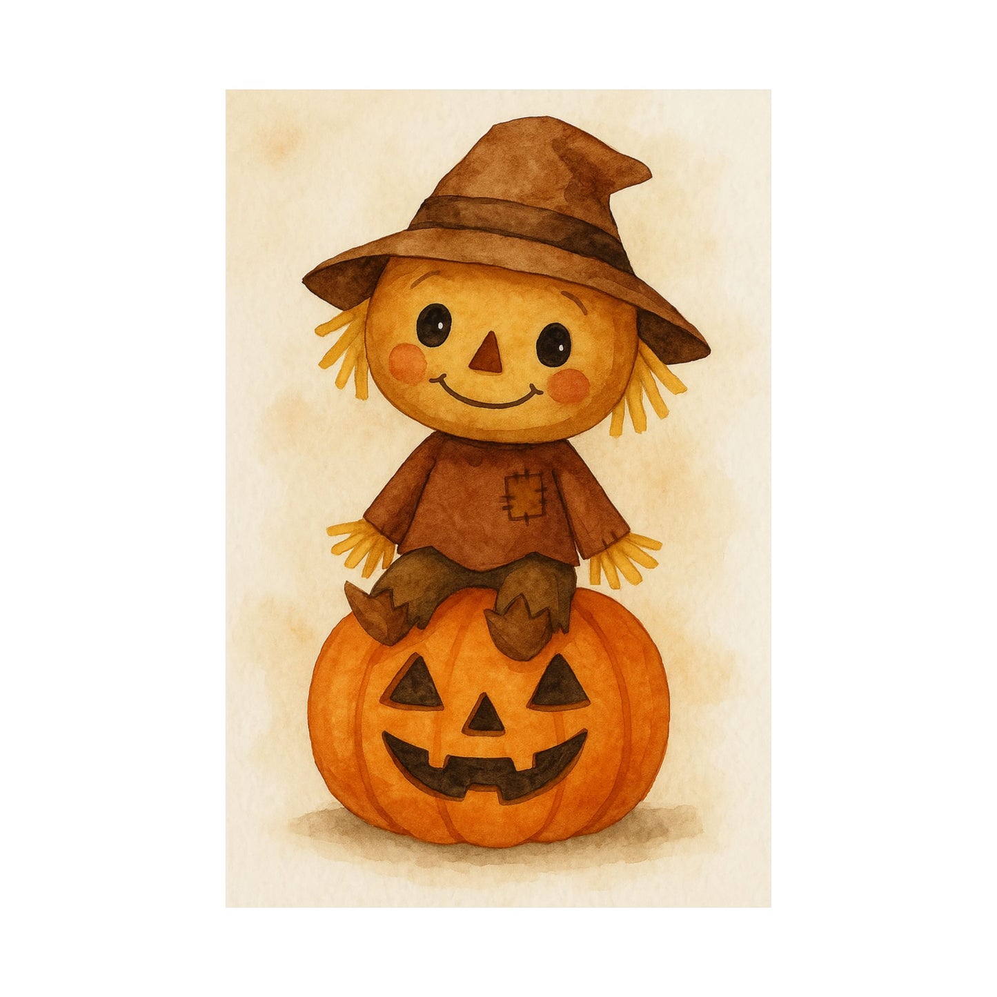 Cute Baby Scarecrow Halloween Wall Art Poster – Watercolor Monster Print on Pumpkin – Whimsical Nursery & Holiday Decor