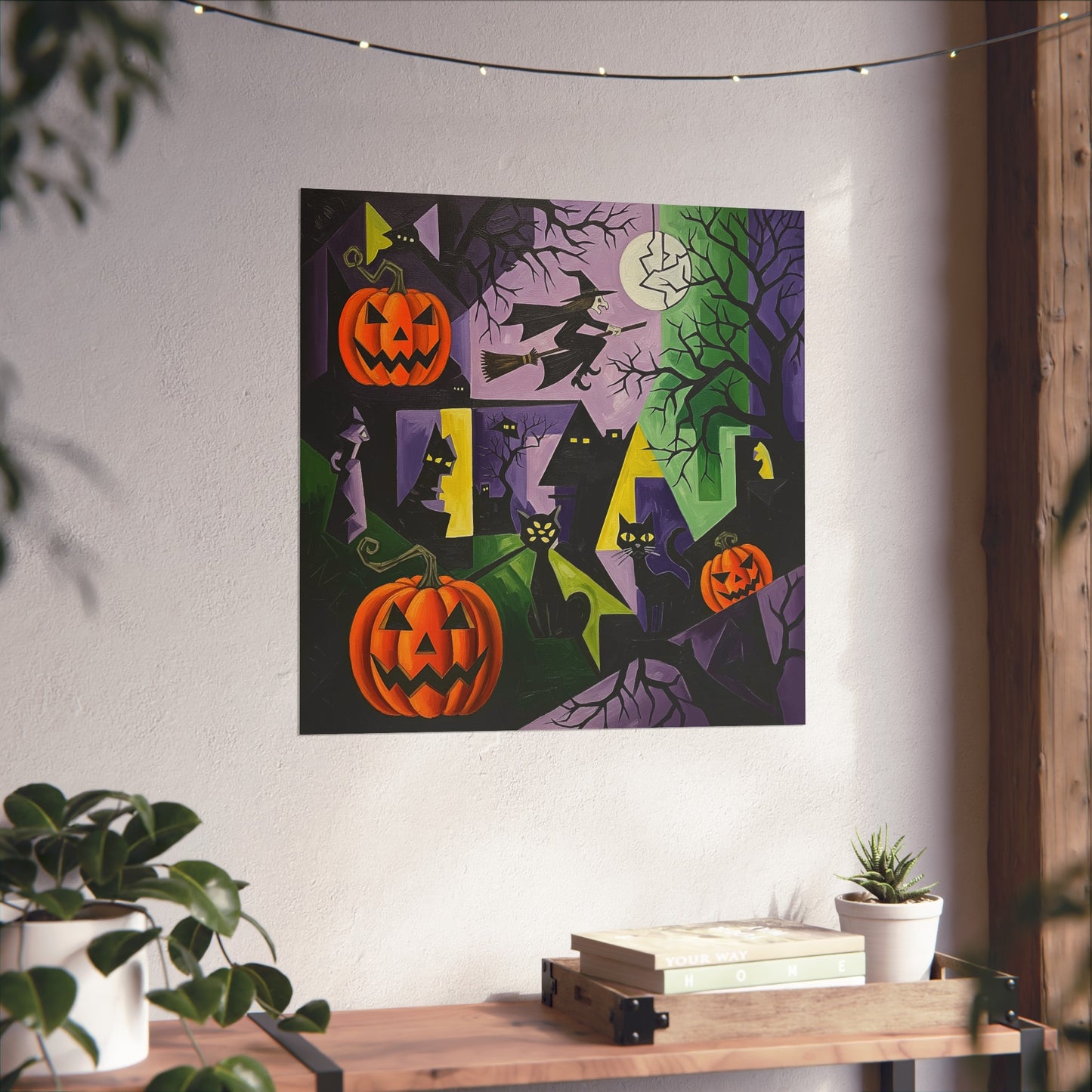 Halloween Cubist Fine Art Print – Witch, Black Cats & Pumpkins Abstract Wall Art Poster, Spooky Autumn Gothic Decor