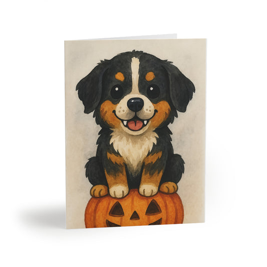 Halloween Bernese Mountain Dog Puppy Greeting Card – Cute Puppy Monster on Pumpkin – Spooky Cute Monster Card for Dog Lovers