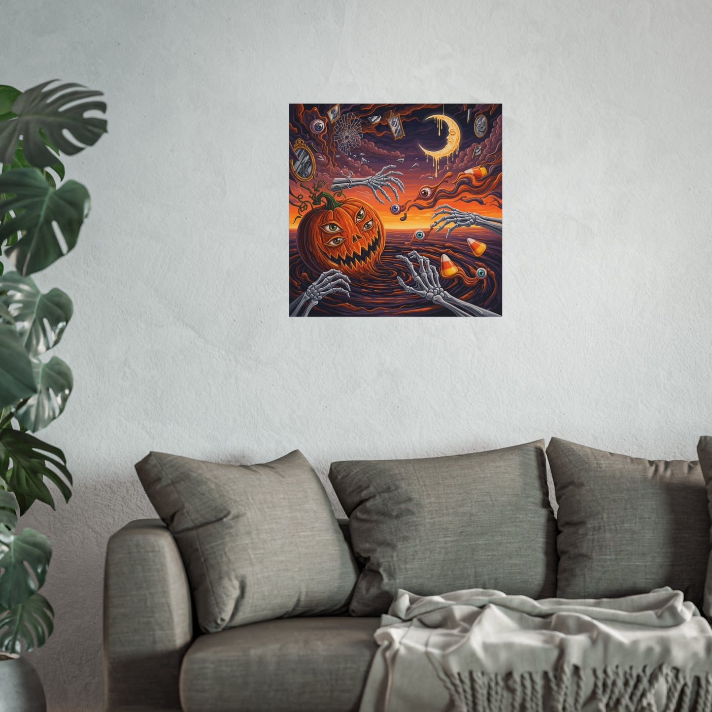 Surreal Halloween Fine Art Print – Three-Eyed Pumpkin, Skeleton Hands & Dripping Moon Wall Art Poster, Gothic Surrealism Decor
