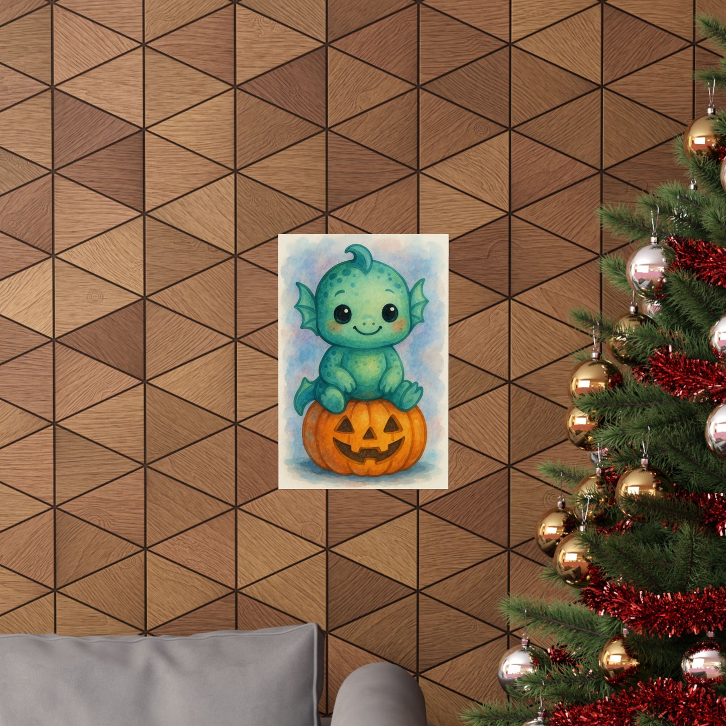 Cute Baby Sea Monster Halloween Wall Art Poster – Watercolor Monster Print on Pumpkin – Whimsical Nursery & Holiday Decor