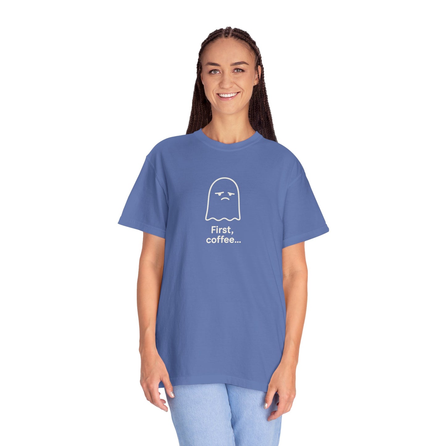 Person wearing a blue t-shirt with a ghost graphic and text on a white background