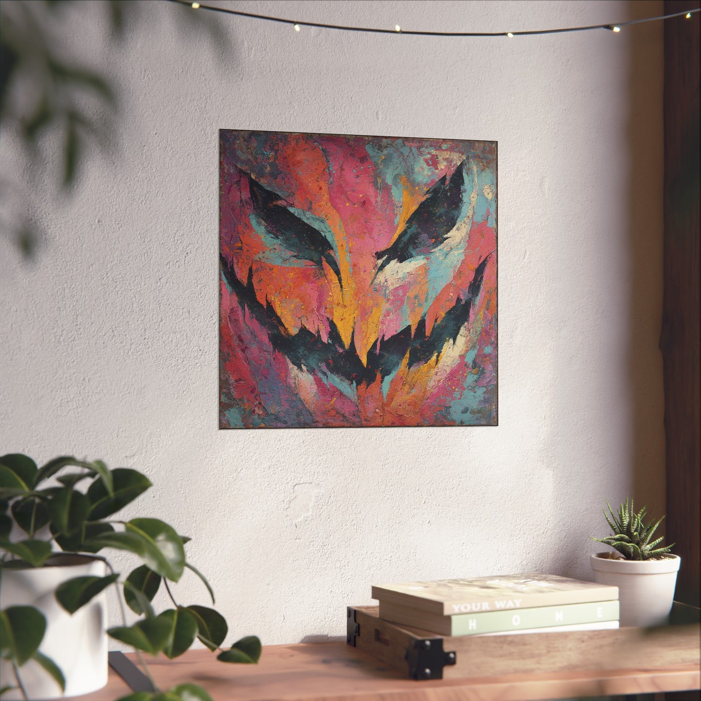 Halloween Abstract Pastel Fine Art Print – Colorful Jack-O’-Lantern Face Wall Art Poster, Spooky Modern Autumn Decor