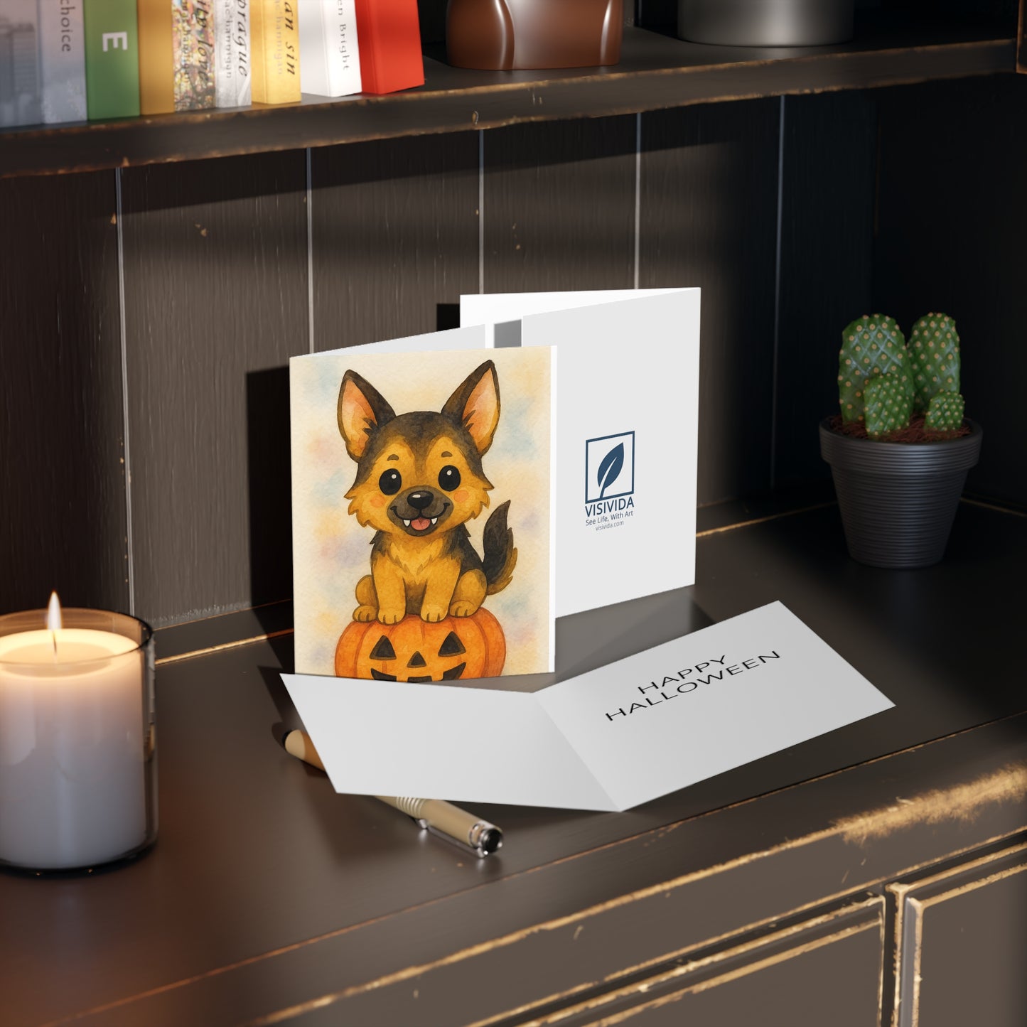 Halloween German Shepherd Puppy Greeting Card – Cute Puppy Monster on Pumpkin – Spooky Cute Monster Card for Dog Lovers
