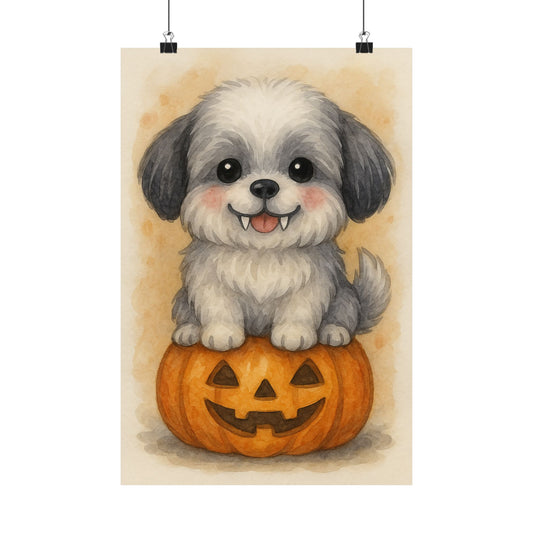 Cute Halloween Puppy Monster Print – Shih Tzu Puppy on Jack-o’-Lantern Pumpkin | Watercolor Dog Wall Art for Fall & Halloween Décor
