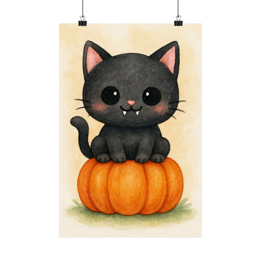 Cute Baby Black Cat Monster Halloween Wall Art Poster – Watercolor Monster Print on Pumpkin – Whimsical Nursery & Holiday Decor