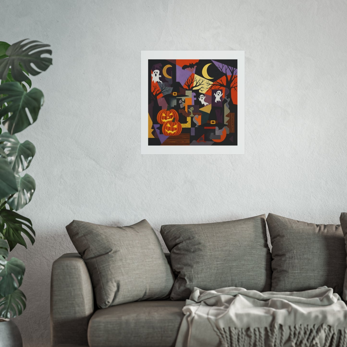 Halloween Cubist Abstract Fine Art Print – Pumpkins, Ghosts & Haunted Night Wall Art Poster, Modern Spooky Autumn Decor