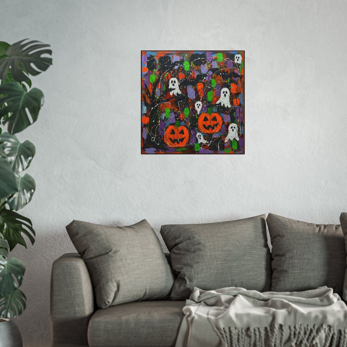 Halloween Ghosts & Pumpkins Abstract Expressionist Fine Art Print – Colorful Spooky Wall Art Poster, Modern Autumn Party Decor