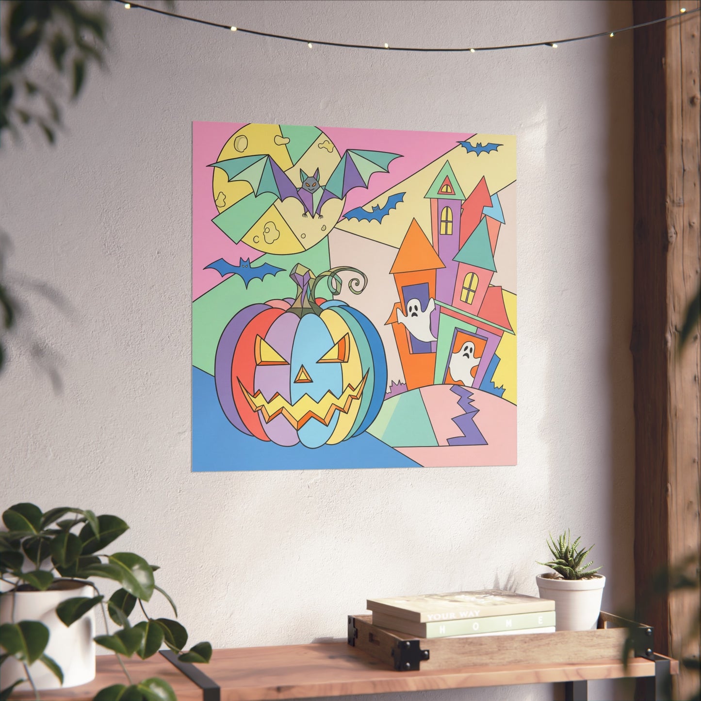 Halloween Pastel Cubist Fine Art Print – Colorful Pumpkin, Ghosts & Bats Wall Art Poster, Modern Geometric Autumn Decor