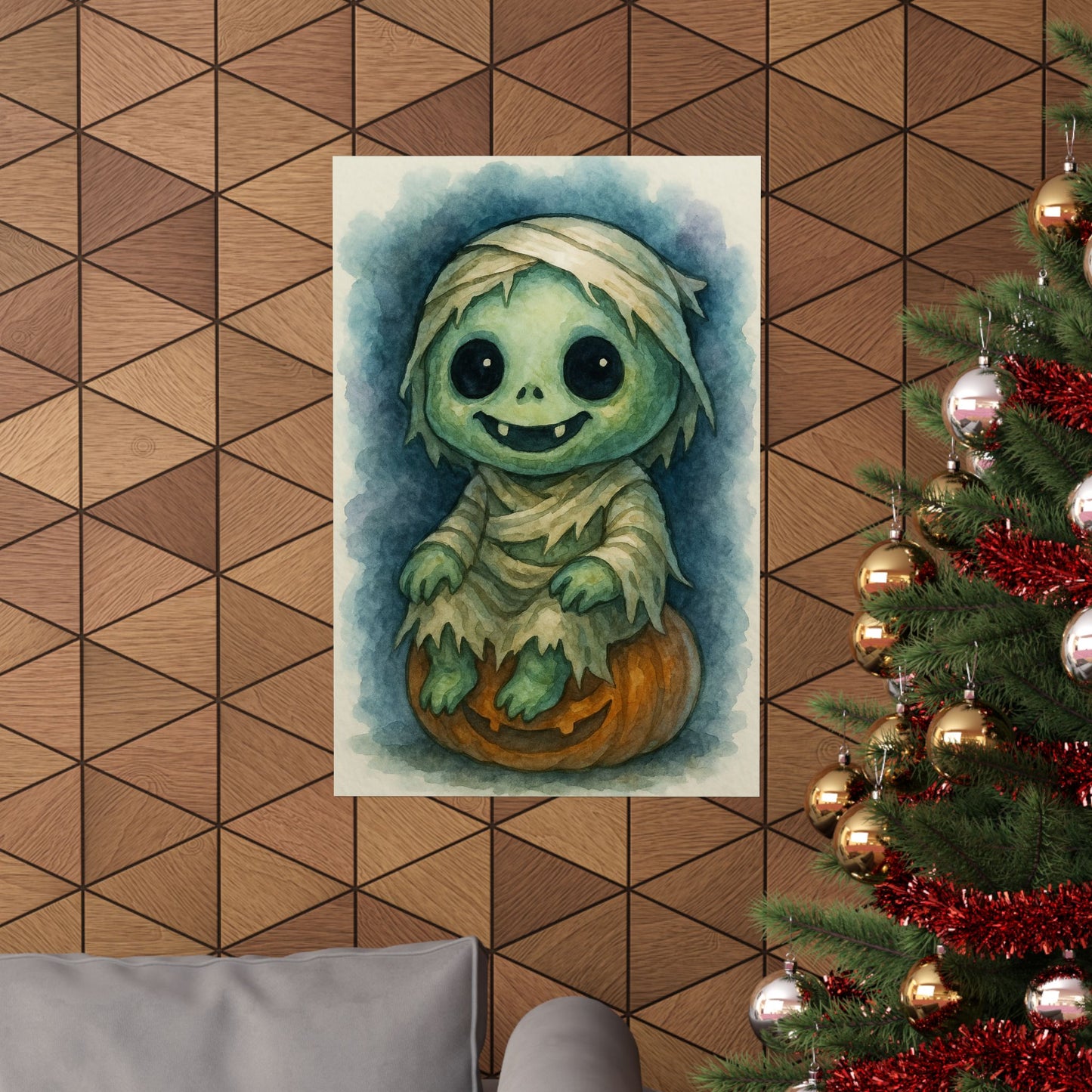 Cute Baby Ghoul Monster Halloween Wall Art Poster – Watercolor Monster Print on Pumpkin