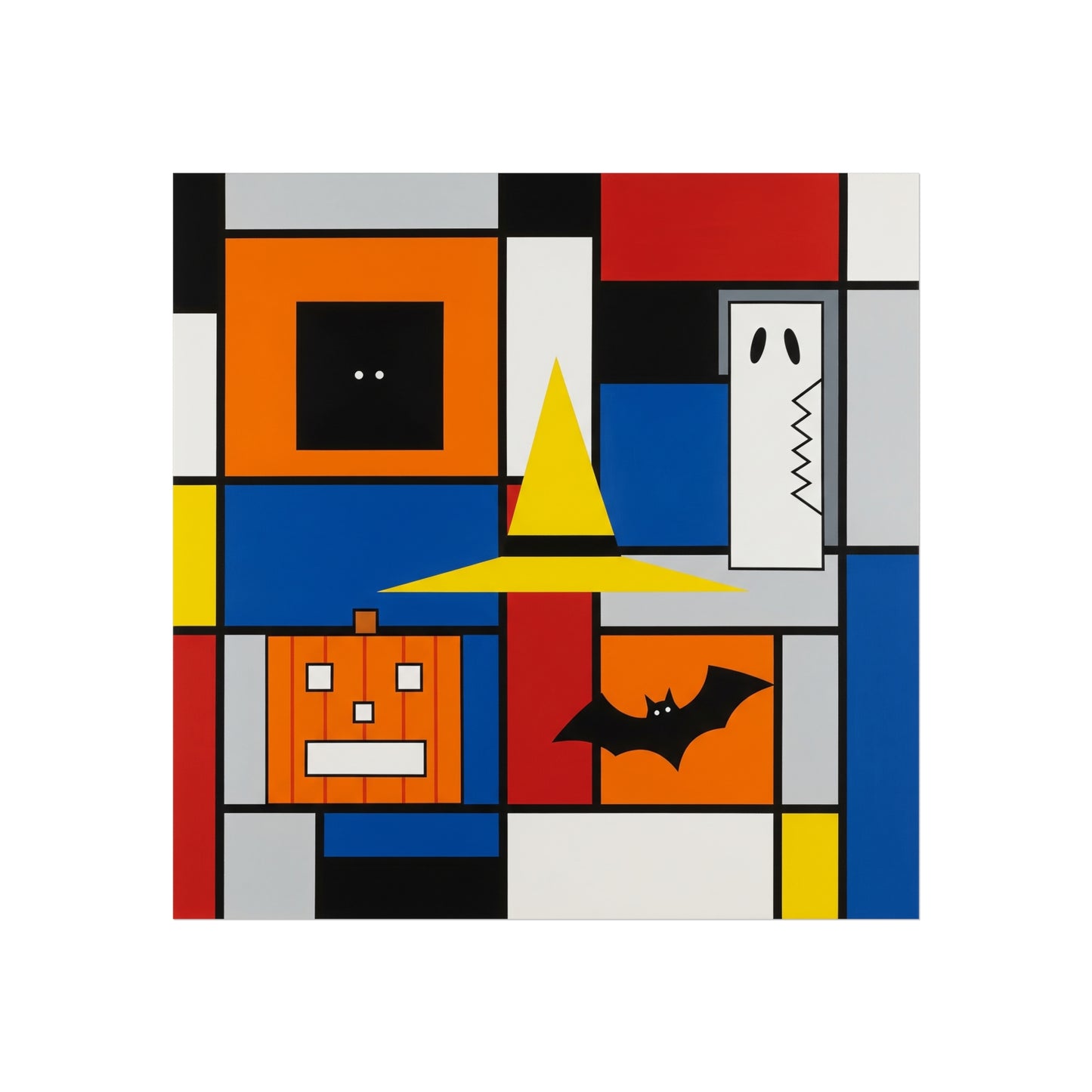 Modern Halloween Abstract Fine Art Print – Geometric Pumpkin, Witch Hat, Bat & Ghost Wall Art Poster, Contemporary Autumn Decor