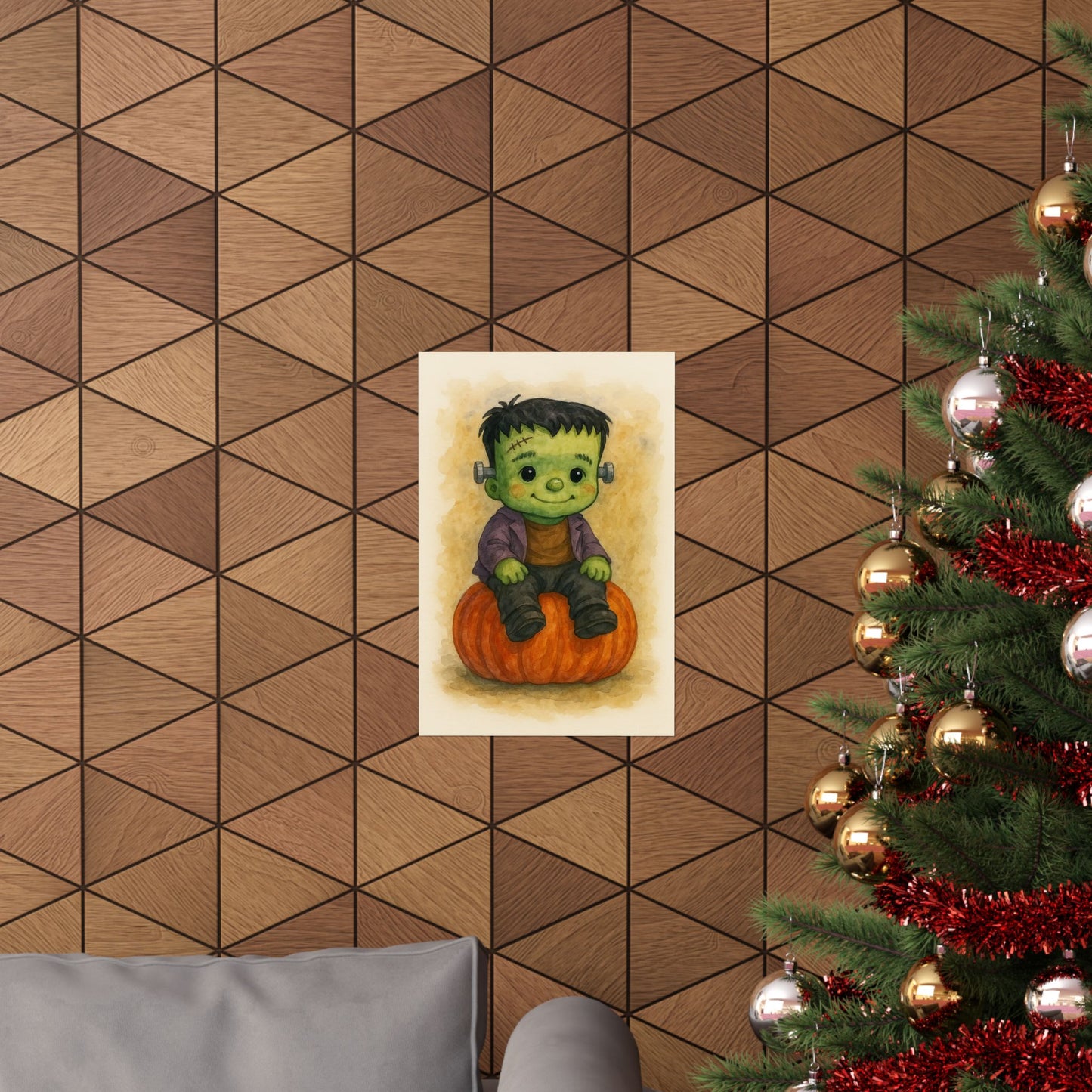 Cute Baby Frankenstein Monster Halloween Wall Art Poster – Watercolor Monster Print on Pumpkin – Whimsical Nursery & Holiday Decor