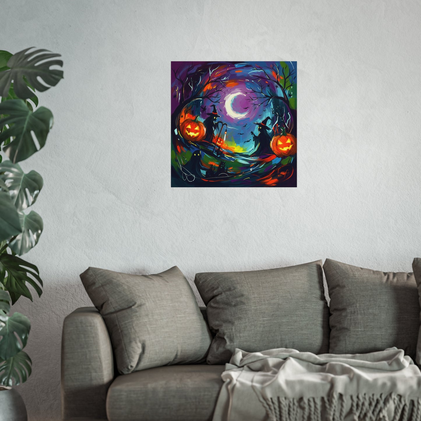 Halloween Abstract Fine Art Poster – Colorful Witch, Ghost & Pumpkin Wall Décor in Painterly Style